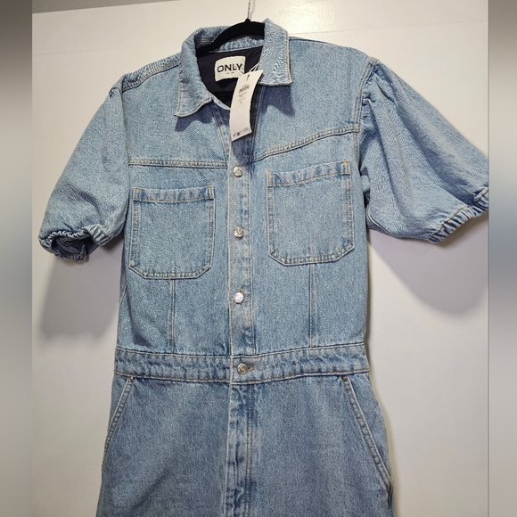 NWT Only Puff Sleeve Denim Jumpsuit In Light Blue, Size Large - Picture 7 of 9
